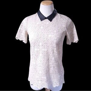 Madewell Size XS Lace Blouse Top Ivory Black Collar Short Sleeve Steampunk Goth